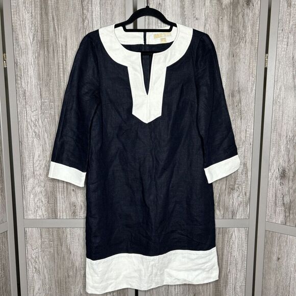 Michael Kors Linen Dress Knee Length Color Block Black and Ivory Size S - Picture 1 of 8